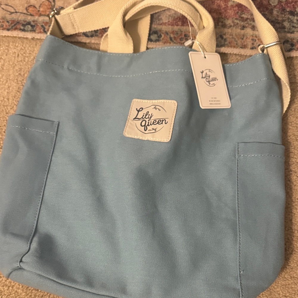 Powder Blue Canvas Tote with Cream Straps